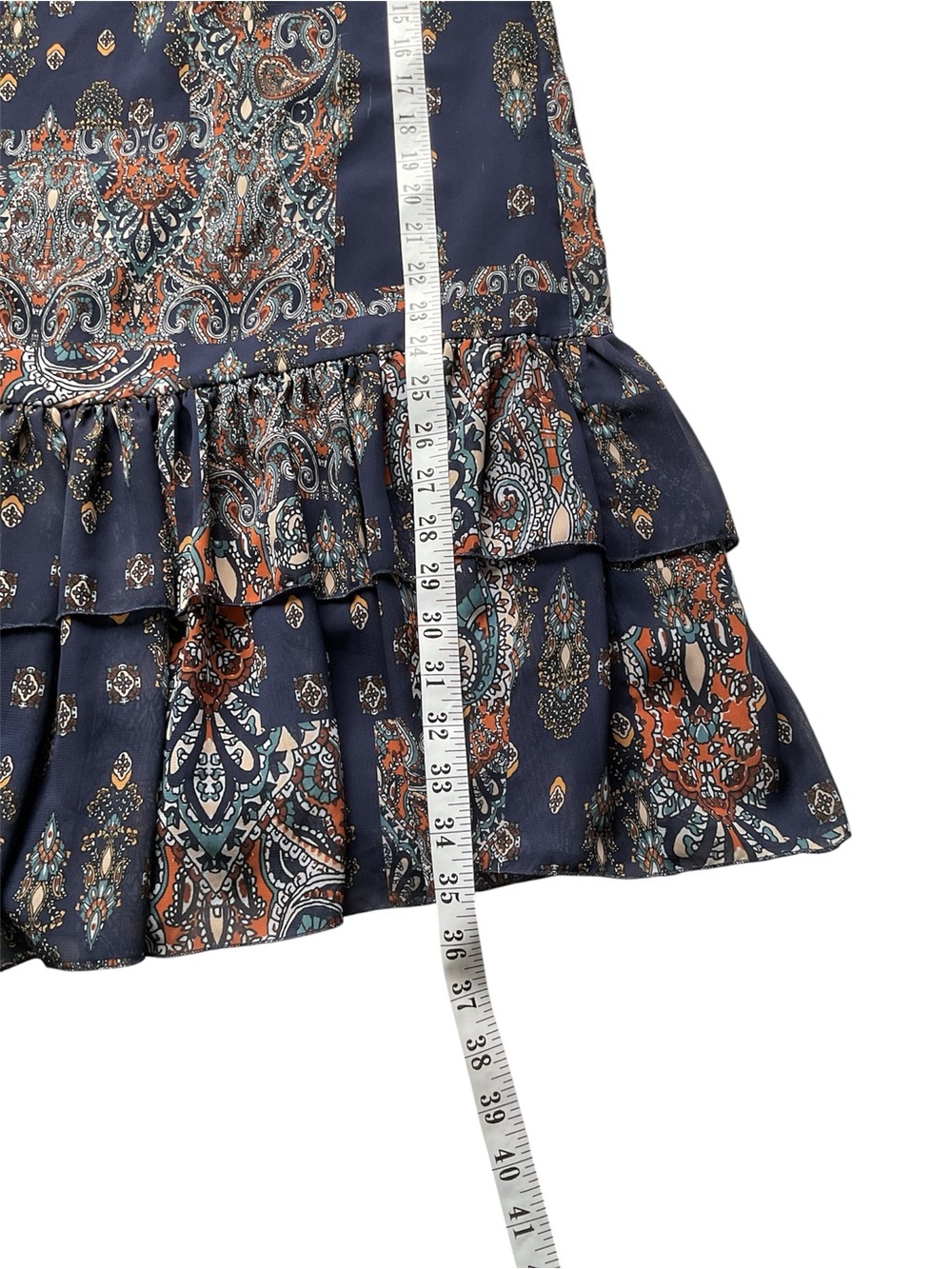 Lizzie Blue Navy Paisley Long-Sleeve Ruffle-Hem Dress, size 38 - Picture 9 of 9